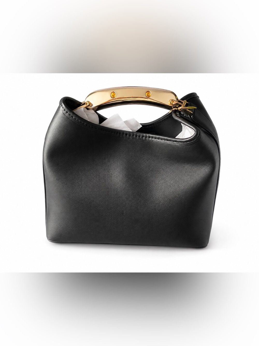 New Day Mini Slouchy Handbag Black Gold Metal Handle Minimalist Structured Purse - Picture 3 of 7